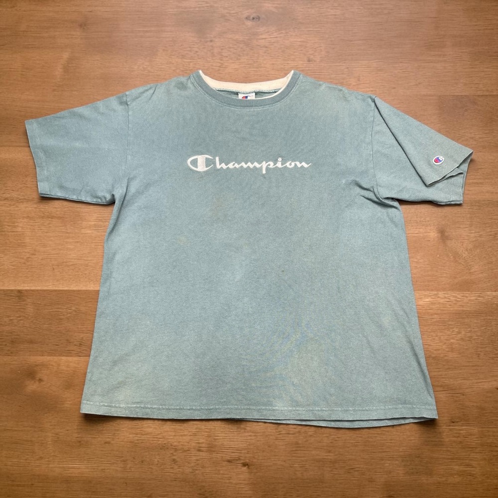 Vintage 90s USA Champion T Shirt Mens‎ XL Teal Green Embroidered Mounted Collard